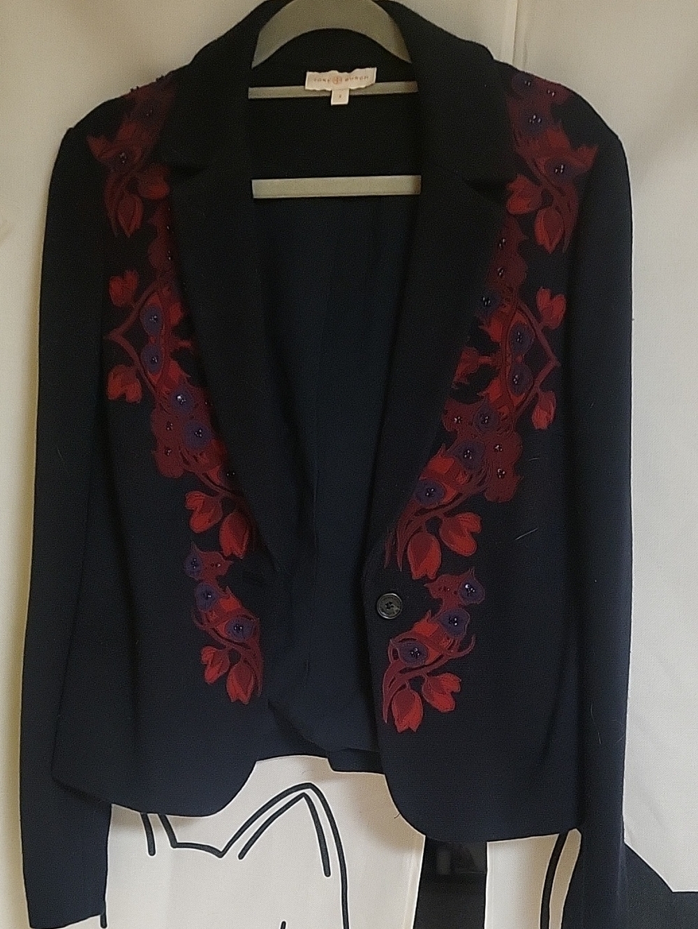 Tory Burch Navy Wool Blend Floral Embroidered Beaded Jacket Blazer Size S